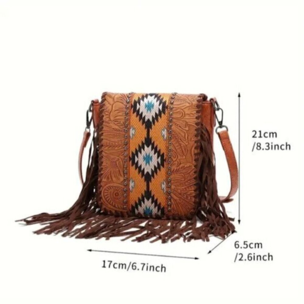Vintage Bohemian Style Rivet Crossbody Bag, Tassel  Aztec Tribal Fringe Purse - Picture 5 of 5